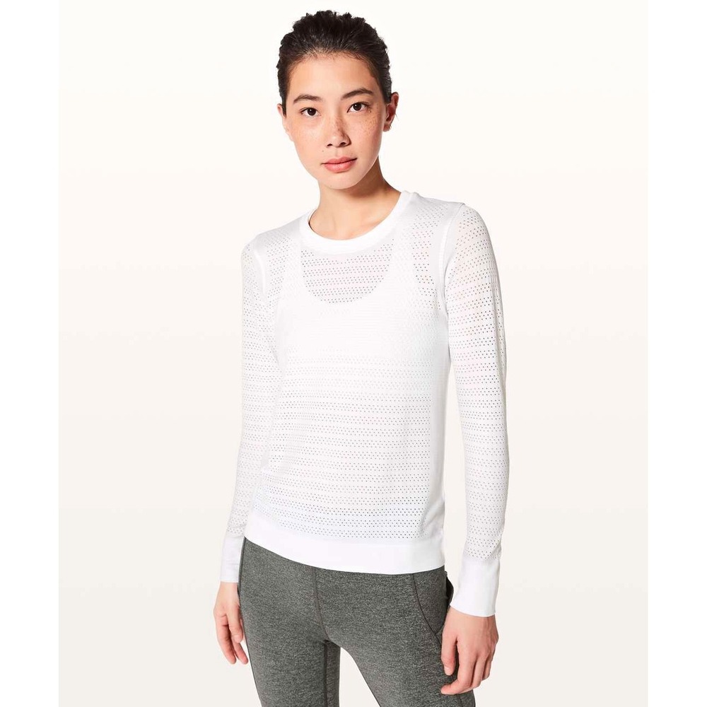 Lululemon Mesh Breeze Long Sleeve Women's White Crew Neck Top Size 6 Performance